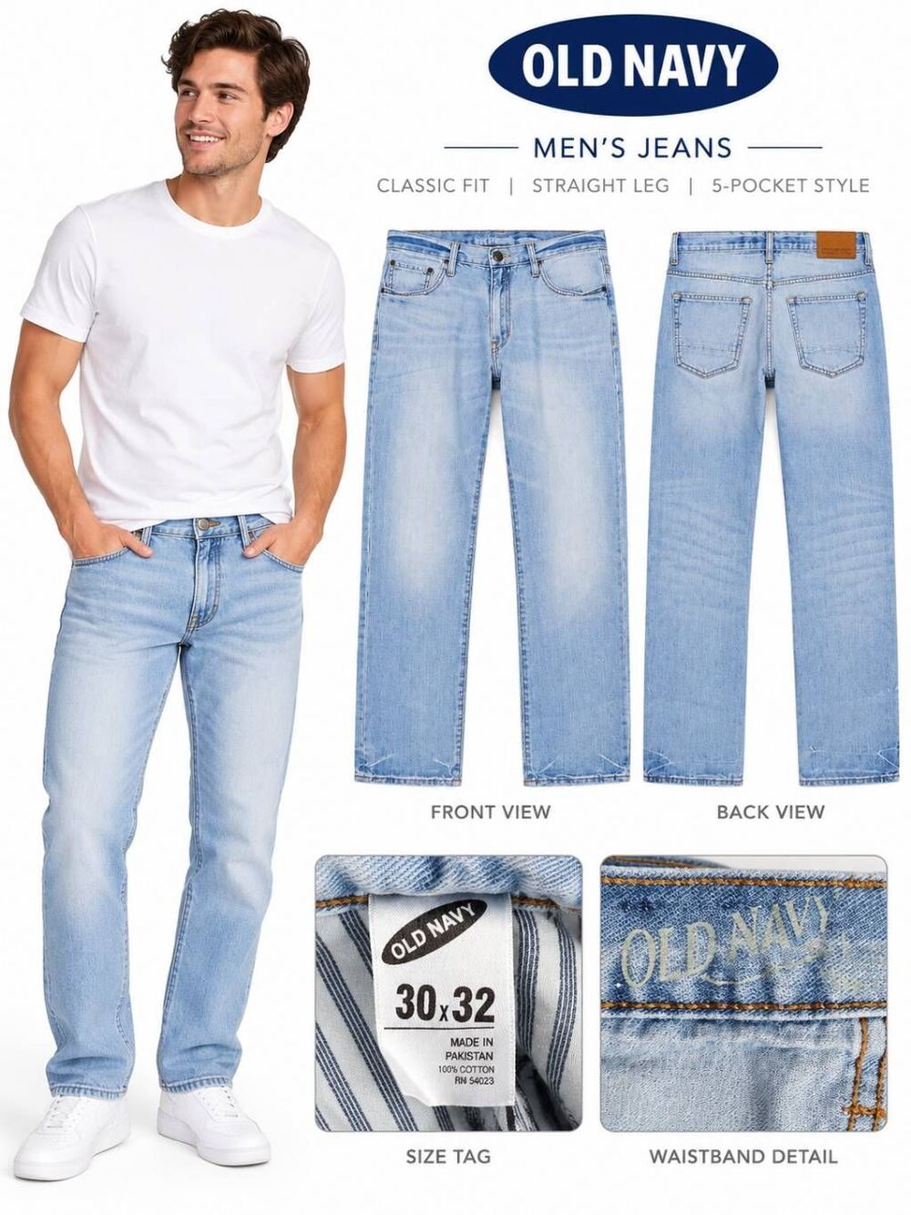 Old Navy Men’s Straight Fit Jeans Size 30x32 Light Wash 100% Cotton